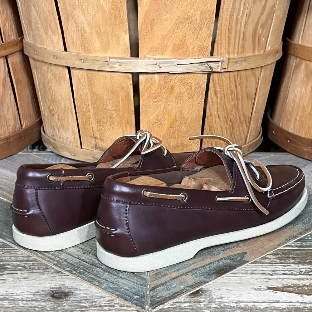 Lands' End Mainstay 2-Eye A/O Brown Leather Lace-Up Boat Shoes Mens Size 9.5 D